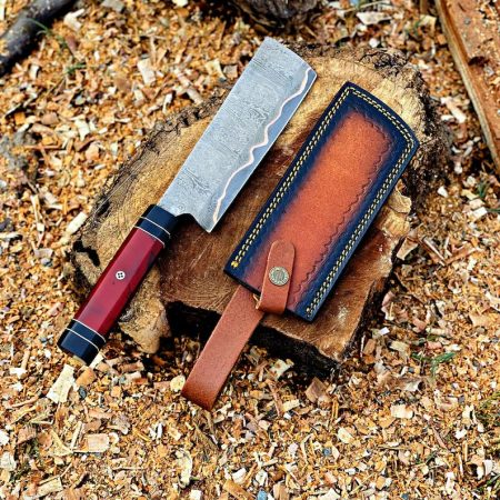 7 Inch Handmade Damascus Steel Cleaver Knife – Powerful Red Resin Handle with Leather Sheath